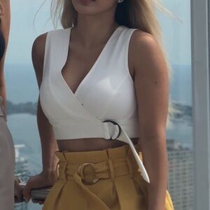 Chic White Wrap Top with Mustard High Waist Shorts